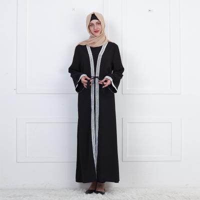 China Latest African Islamic Canvas Open Abaya With New Embroidered And Belt Design And Cheap Long Sleeve Kaffan Dress for sale