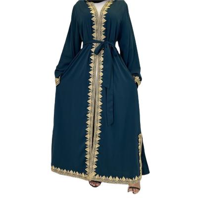 China 2022 New Design Polyester Abaya With Gold Band Bias Hindi Denim Kaffan Small Size For Muslim Women for sale