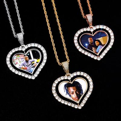 China Hiphop Wholesale Personalized Bilateral Rhinestones Custom Image Heart Bling Pendant Necklace for sale