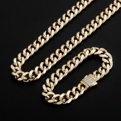 China Custom Hiphop logo 10mm spring rhinestones hug stainless steel cuban chain necklace bracelet set for sale