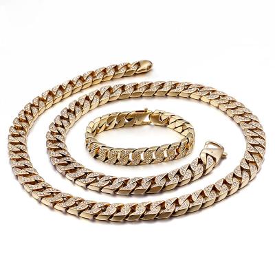 China Custom Hiphop titanium steel jewelry bling rhinestones iced out cuban chain necklace for sale