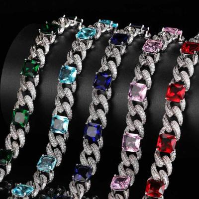 China Hiphop Custom 12mm Micro Inlaid Zircon Colored Gem Iced Out Cuban Links Chain Necklace for sale