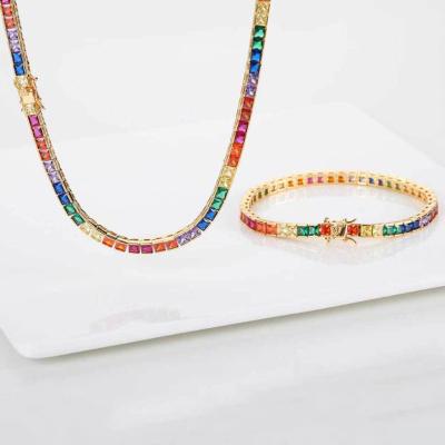 China Hiphop Hip Hop Jewelry Multi Color Rainbow Zirconia Diamond Tennis Necklace Bracelet Bling Chain Set for sale