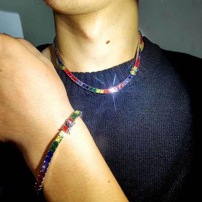 China Multi Color Diamond Tennis Zirconia Rainbow Hiphop Hip Hop Jewelry Set Chain Bracelet for sale