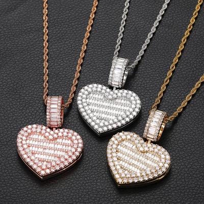 China Hiphop Custom Logo Diamond Zircon Heart Shape Openable Bling Pendant Necklace for sale