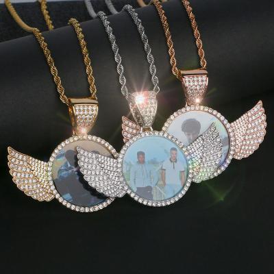 China Pendant Stone Diamond Wing Photo Pendant Necklace Wing Design Hip Hop Items Custom Photo Jewelry Necklace for sale