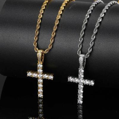 China Hiphop Hip Hop Bling Jewelry 925 Sterling Silver Necklace Gold Plated Micro Pave 3A CZ Cross Pendant Necklace for sale