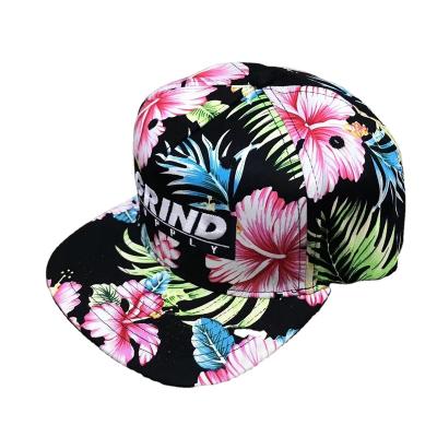 China COMMON Flowers Digital Printing 5 Panel Black Snapback Hats Satin Striped Snap Back Baseball Hats With Custom Logo Embroidery for sale