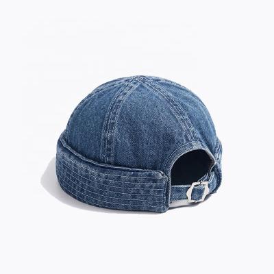 China Custom JOINT Jean Denim Brimless Baseball Cap Blue Logo 6 Panel Roll Up Men's Beanie Hat Docker Cap For Docker Fisherman for sale