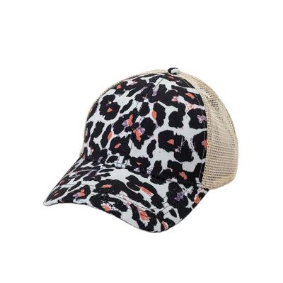 China Snap Back Screen Printing Mesh Trucker Caps Sunflower Printed Leopard Ponytail Baseball Caps Women Custom COMMON Leopard Ponytail Hat for sale