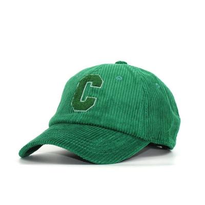 China COMMON Premium Quality 6 Panel Curved Unstructured Bill Plain Green Corduroy Baseball Hat Dad Hat With Embroidered Custom Made for sale