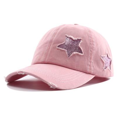 China COMMON Cotton Custom Pink Applique Embroidered Ripped Ponytail Hat Unstructured Quality Distressed 6 Panel Dad Hat With Ripps for sale