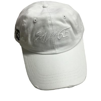 China COMMON NEW STYLE WHITE LOGO ON WHITE COTTON VINTAGE BASEBALL DAD HAT WITH BACK DENIM STRAP for sale