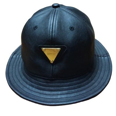 China Bucket Hat 6 Panel Bucket Brand Patch Leather And Gold Character Custom PU Hats With Top Button for sale