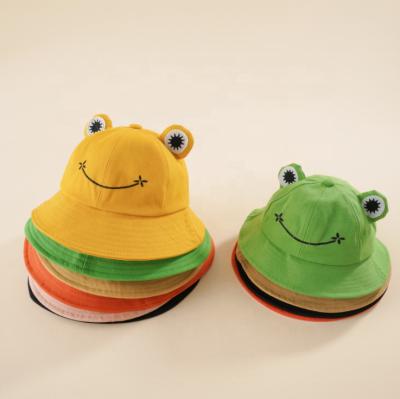 China Character Customized Size 100 Cotton Canvas Cute Green Frog Cartoon Strap Chin Strap Bucket Hats For Kids Child for sale