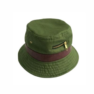 China Fashion Custom Dark Green Cotton Plain Logo Fashion Satin Striped Bucket Hat Unique Sun Hat With Zipper And Pocket for sale