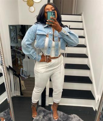 China Z13 New Arrival Chaquetas Mujer Fashion Autumn Breathable 2021 Women Clothes Short Denim Tassel Chain Women Jacket Coat for sale