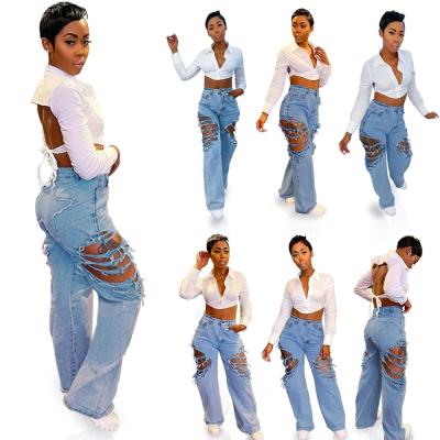 China 2021 Autumn ZY16 new breathable fashion slim straight leg high-waisted pants stylish rip streetwear casual jeans for women 2021 for sale