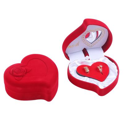 China Cute Flocking Jewelry Package Heart Shape Earring Jewelry Gift Box Custom Logo With Mirror Velvet Jewelry Packaging Gift Box for sale