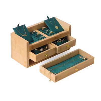 China Eco-friendly Luxury Bamboo Green Velvet Jewelry Storage Box Earrings Necklaces Pendants Jewelry Packaging Box for sale