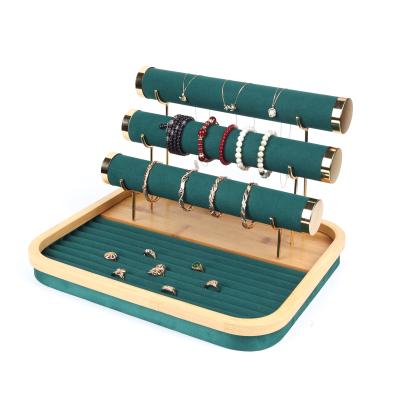 China Wholesale Natural Bamboo Green Morden Velvet Jewelry Display Stand Set Detachable Necklace Earring Display Tray for sale