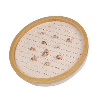 China Beige Round Nature Bamboo Velvet Jewelry Display Tray Luxury Rings Earrings Stand From Eco-friendly Manufacturer for sale