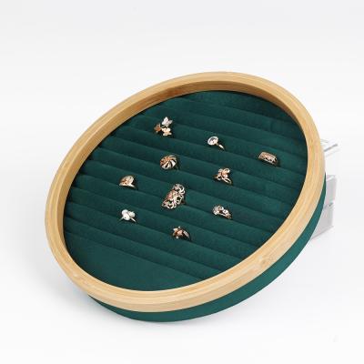 China New Design Eco-friendly Round Natural Bamboo Green Velvet Jewelry Display Tray Jewelry Stand With Sponge For Rings for sale