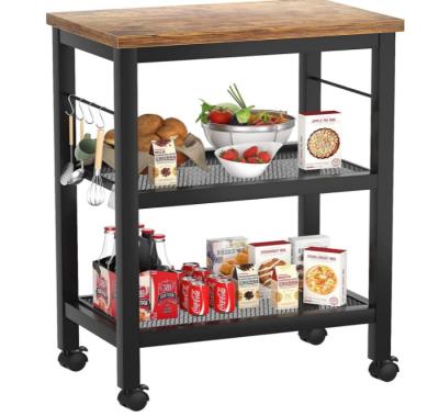 China Traditional Black Metal Stand With Rustic Brown Wooden Board With Wheels for sale