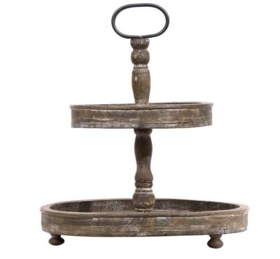 China 2 tier traditional round wooden tray with metal handle for sale