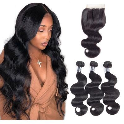 China Wholesale 1b# Body Wave Natural Black Soft Wave Brazilian Hair Bundles With Lace Frontal Closure for sale