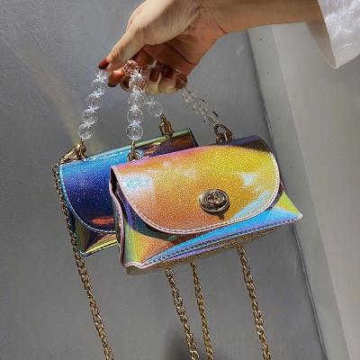 China New Fashion Dazzle Women's Mini Chains Crossbody Bag Shoulder Hot Laser Jelly Bags Pearl High Quality Shiny Beaded Handle Handbag Handbag for sale