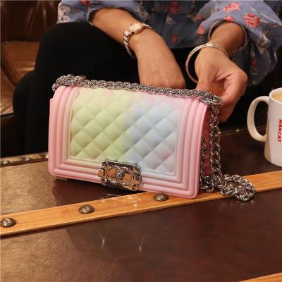 China 2021 Cross - Jelly Handbag New Quilted Women Fashion Rainbow Pink High Quality Silver Plated Jelly Purse Bag With Long Body Jelly Handbag Chain for sale