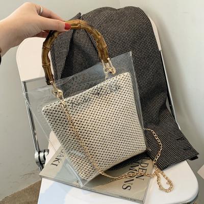 China Stylish Straw Knitted Handbag Women Bamboo Top-handle Bags 2021 Transparent PVC Compound Bags Shoulder Bag Female Messenger Totes for sale