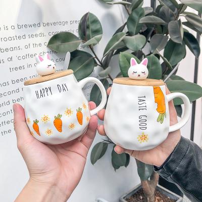 China 2020 Sustainable Rabbit Wooden Lid Popular Cartoon Ceramic Mugs With Spoon Water Mug Student Couples Mug for sale