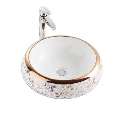 China Wholesale Modern Luxury White And Gold Sink Ceramic Table Top Modern Shiny Bathroom Lavabo Hand Wash Bathroom Sink Round Form Art Basin for sale