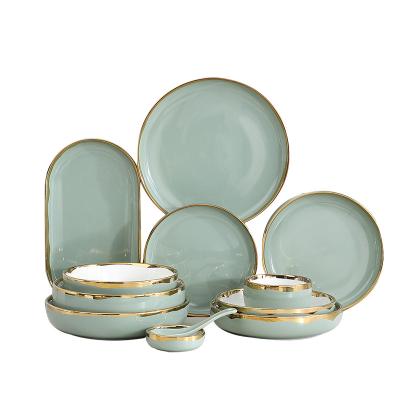 China Stocked household tableware Nordic creative gilt sharpening light green porcelain bowl and dish set dinnerware set for sale