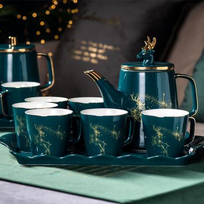 China Stocked Nordic Peacock Green Drinking Care Water Cup Household Living Room Ceramic Kettle Cold Water Pitcher Elk Water Cup With Tray for sale