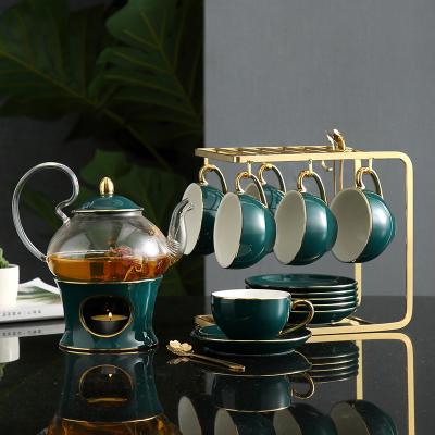 China Full Time Glass Teapot Afternoon Teapot Drinkware Stylish Coffee Tea Cup Set Royal Modern Ceramic Tea Set With Metal Stand for sale