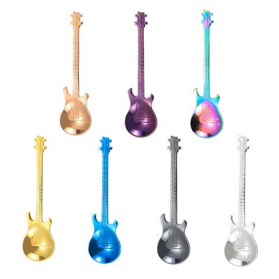 China Disposable Music Style Long Stainless Steel Guitar Tea Dessert Colorful Mini Coffee Sugar Stirring Spoons for sale