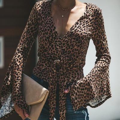 China Wholesale Breathable Sexy Female Deep V-Neck Leopard Print Leopard Print Long-sleeved Shirt Tight Shirt Female Summer Club for sale