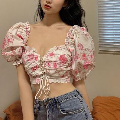 China 2021 Spring/Summer New Fashion Breathable Slim Fit Pleated Crop Top Hollow Out Lace Up Short Sleeve Shirt Women for sale