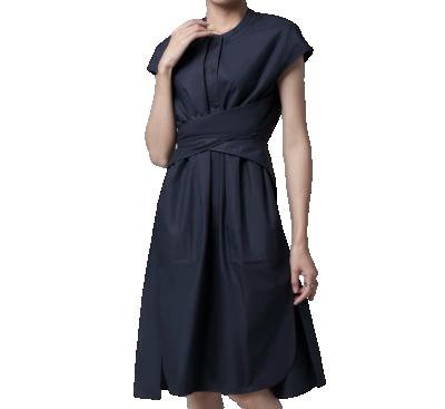 China Anti-Static Navy Summer Button Up High Quality Collar Midi Dress Woman Waist Belted Office Round Casual Dress for sale