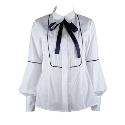 China Slim White Bow Anti-Shrink Blouse Streetwear Shirts Lantern Sleeve Lantern Shirt Women Ladies Tops for sale