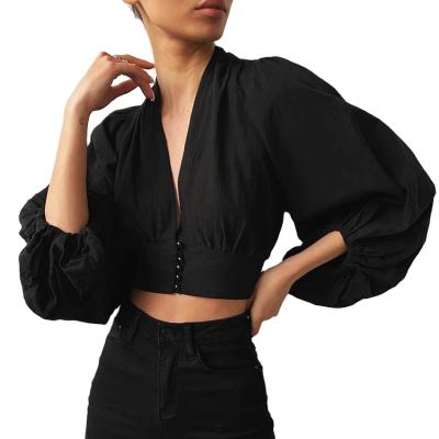 China Anti-Static Women Fashion V-Neck Shirt Chic Black Woven Blouse Crop Tops Sexy Autumn Button Slim Solid Blouses Puff Sleeve Shirts for sale