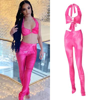 China 2021 Fashion Rose Red Bandage Halter Casual Sexy Anti-Wrinkle Streetwear Bra And 2 Piece Pants Set Skinny Summer Two Piece Pants Set Women for sale