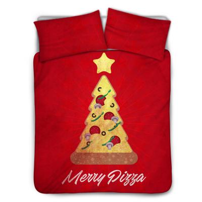 China Custom Cozy Bedding Set King Size 3pcs Merry Christmas Christmas Bedspread Christmas Tree Pizza Pattern Anti-Static Red Gold Pillowcase Bedding Set for sale