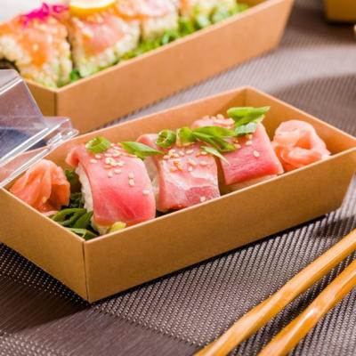 China Biodegradable Compostables Take Away Food Grade Brown Kraft Boxes Fresh Pizza Paper Sushi Box Packaging With PET Window for sale