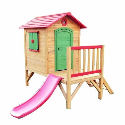 China Easily Collected Sale Cheap Kids Waterproof Wooden Kids Playhouse Pink With Slide for sale