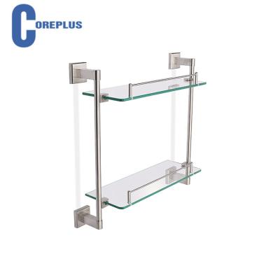 China Family Bathroom Stainless Steel Tier Double Layer Brushed Glass Corner Shelves For Shower Caddy for sale