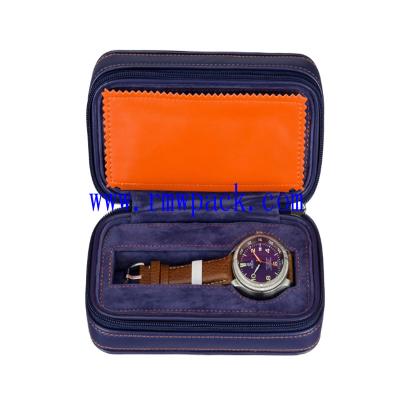 China Blue Leather Zippered Watches Box Travel Case - Watch Display Box Organizer Case PU Leather For Men Women Watch Organizer Collection for sale